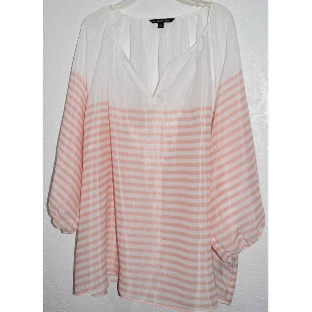 3X Shirt Top Semi Sheer 3/4 Sleeve Blouse Pink Coral White Stripe Zac & Rachel